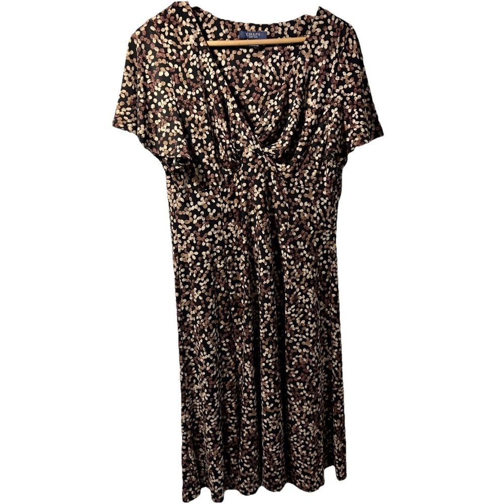 Chaps L Brown &  Black All Over Dot Print Flutter Sleeve Dress VNeck Babydoll Y2